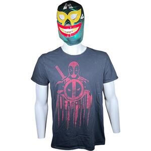 Marvel Large Grunge Deadpool Graphic T-Shirt Black Red Crew Neck Y2K Streetwear